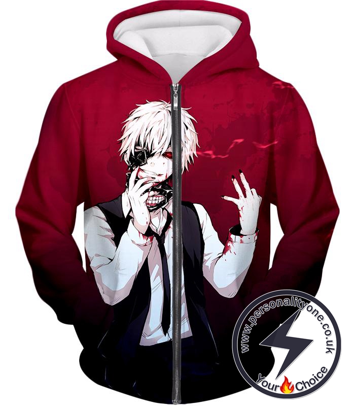 Tokyo Ghoul Super Awesome White Haired Hero Ken Kaneki Cool Red Zip Up Hoodie